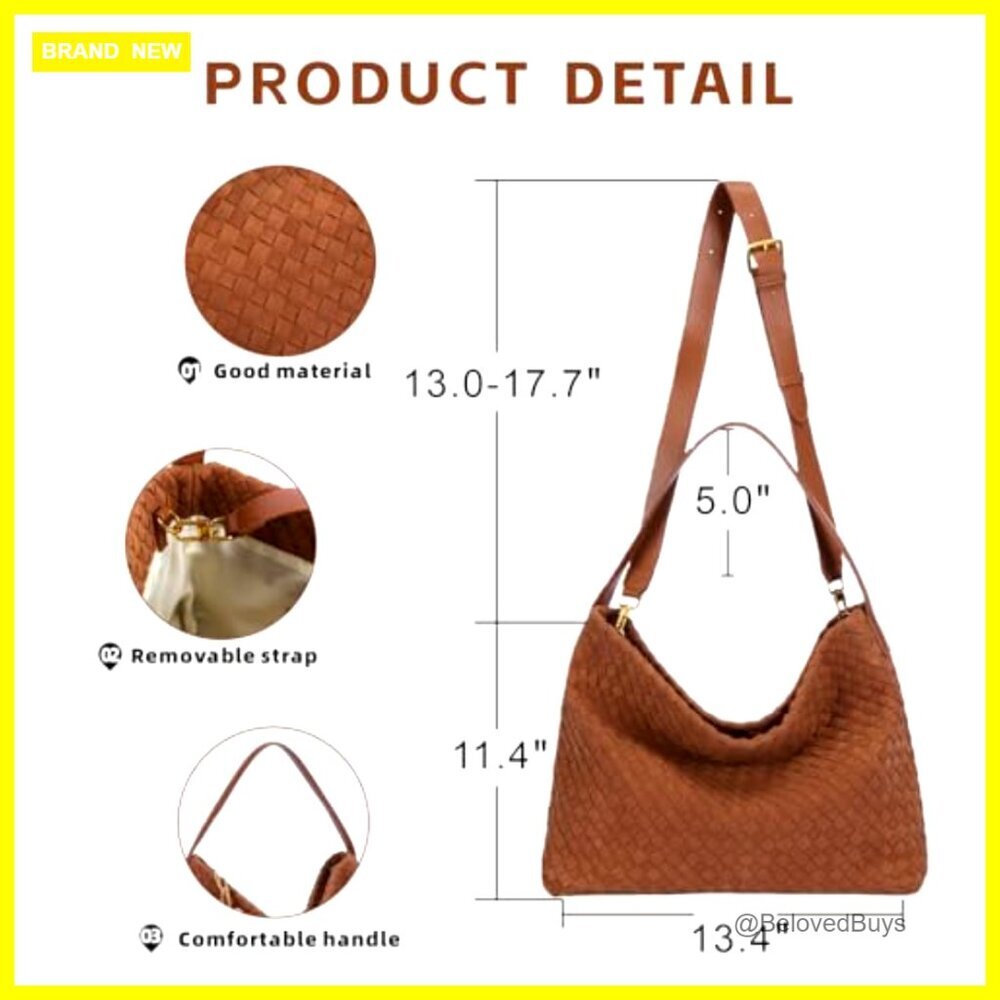 Woven Suede Tote Bag with Detachable Strap, Multi-Pocket Purse - Picture 3 of 7